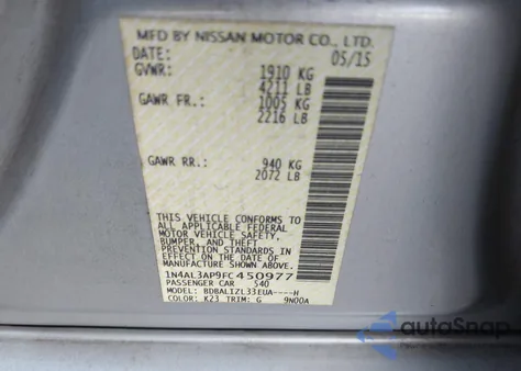 2015 Nissan Altima 2.5 Sv из США, поврежденный, VIN 1N4AL3AP9FC450977